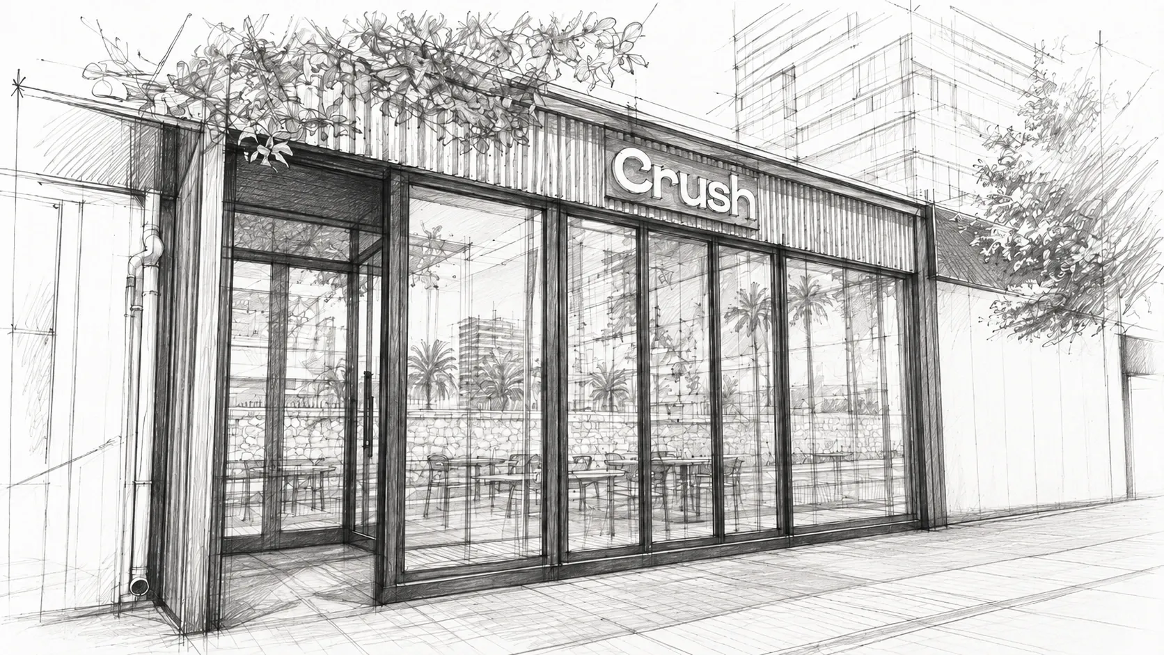 Карандашный рисунок фасада Crush на Avenida de Niza: стеклянная витрина, бугенвиллея над вывеской, пальмы в отражении